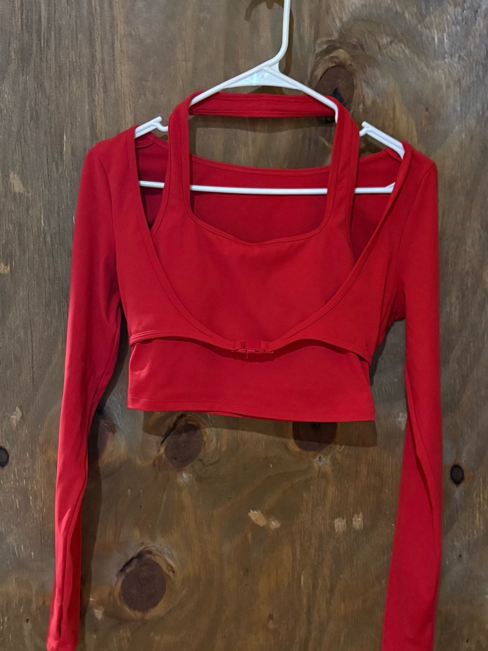 NWOT Women's Red Long-Sleeve 2-in-1 Thumb Hole Halter Crop Top